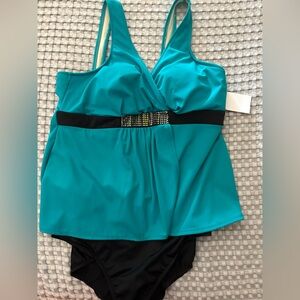 Teal and Black Women's one piece swimsuit. 
By Trimshaper. New! Size 18W. Teal